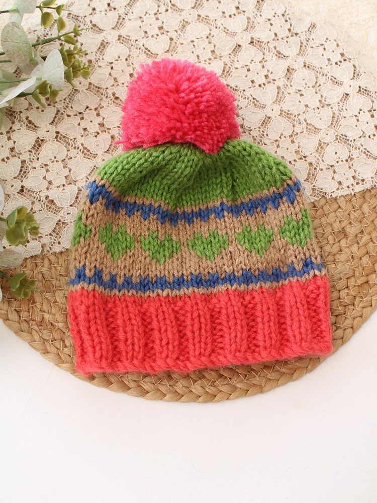 Image of Woonie Handknitted Heart with Pom Pom Designed Cap - Multicolor