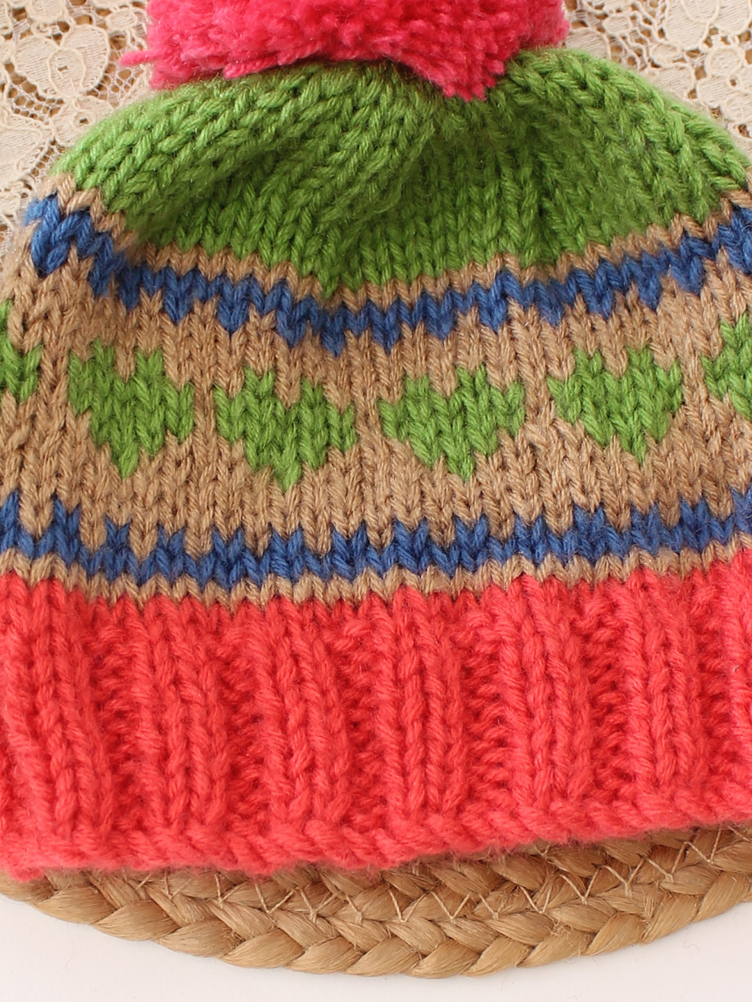 Woonie Handknitted Heart with Pom Pom Designed Cap - Multicolor
