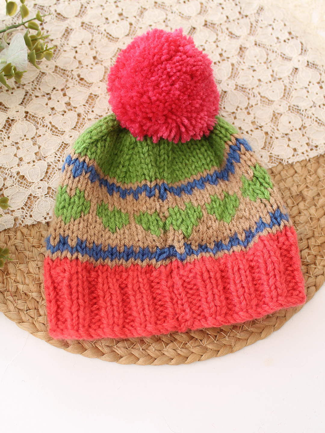 Woonie Handknitted Heart with Pom Pom Designed Cap - Multicolor