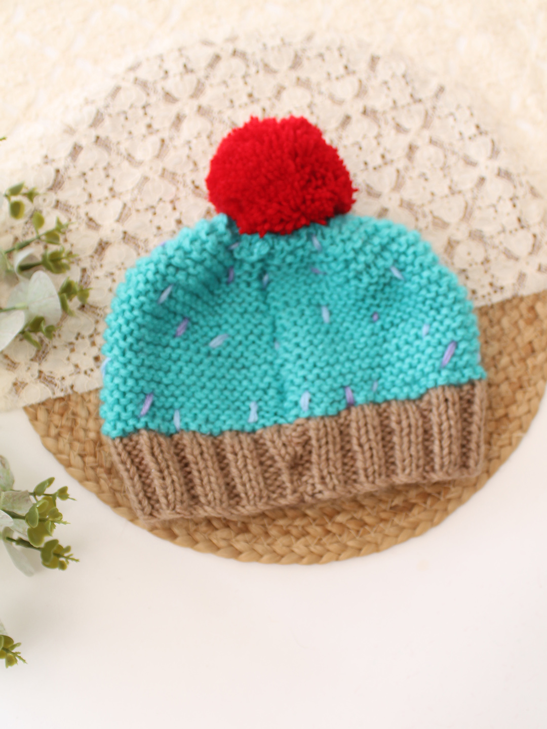 Woonie Handknitted Cupcake with Pom Pom Detailed Cap - Sky Blue