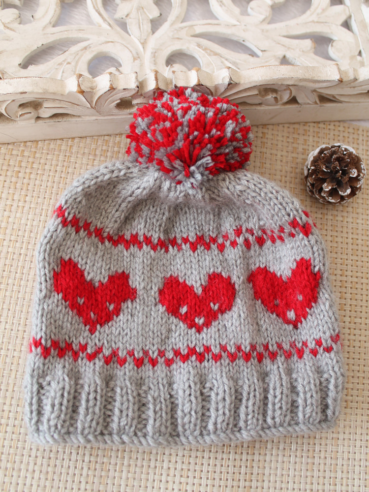Image of Woonie Handknitted Heart with Pom Pom Designed Cap - Light Grey