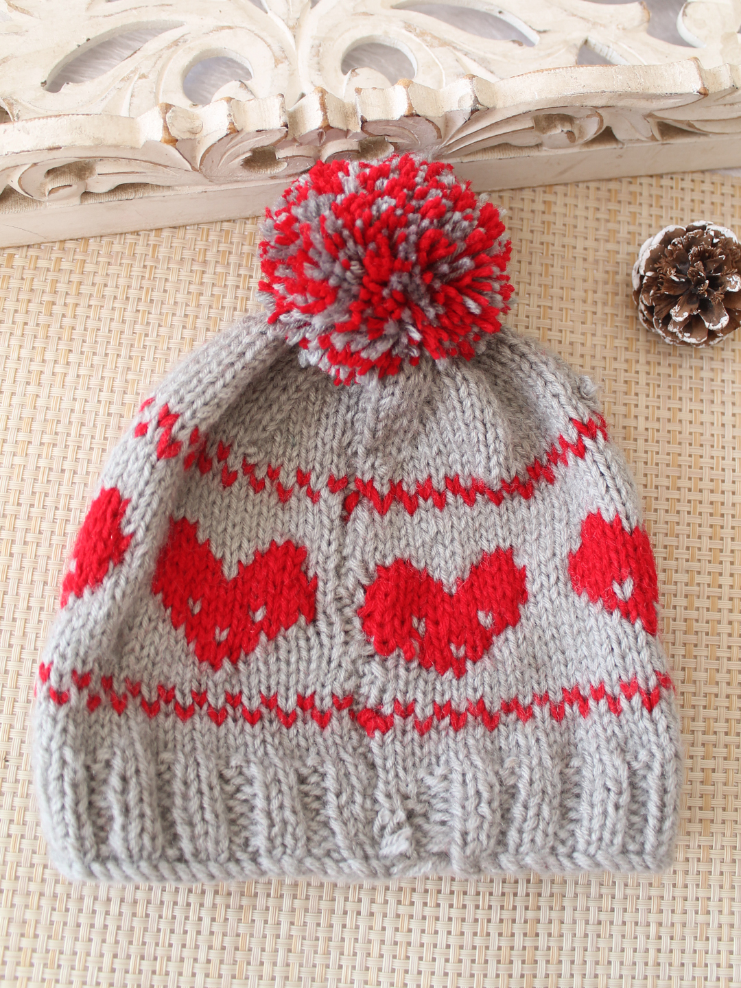 Woonie Handknitted Heart with Pom Pom Designed Cap - Light Grey