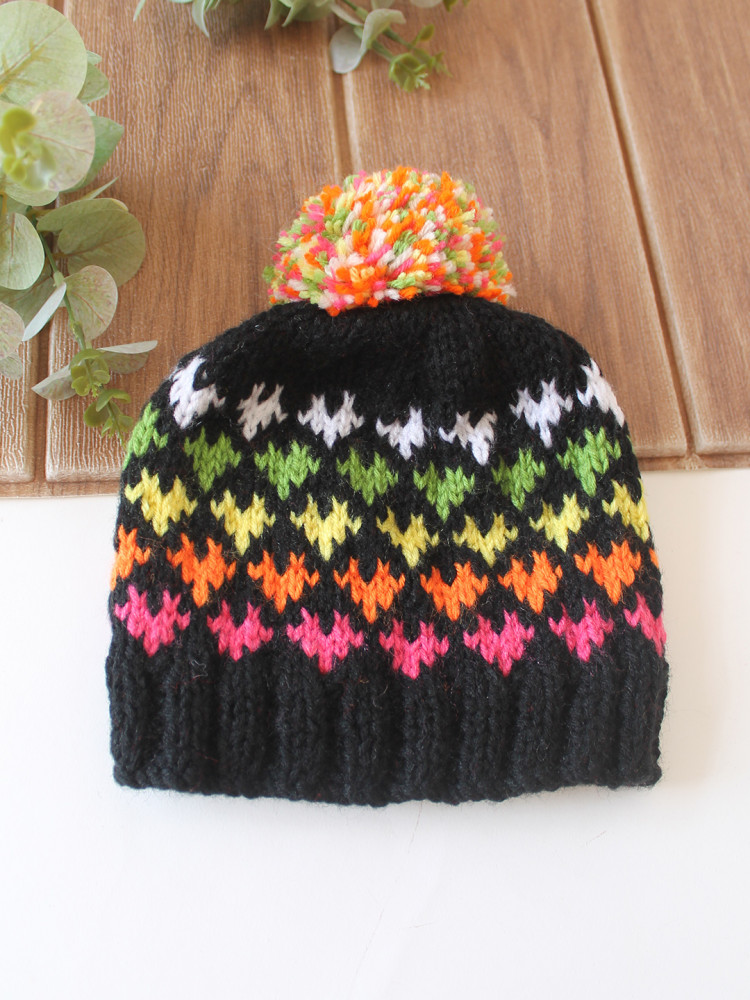 Image of Woonie Handknitted Heart with Pom Pom Designed Cap - Black
