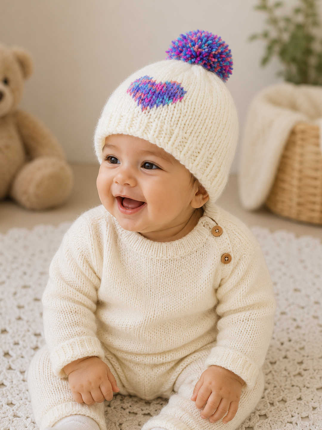 Woonie Handknitted Heart with Pom Pom Designed Cap - Cream