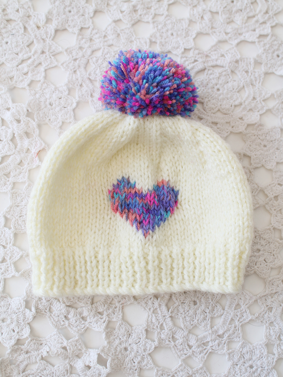 Woonie Handknitted Heart with Pom Pom Designed Cap - Cream