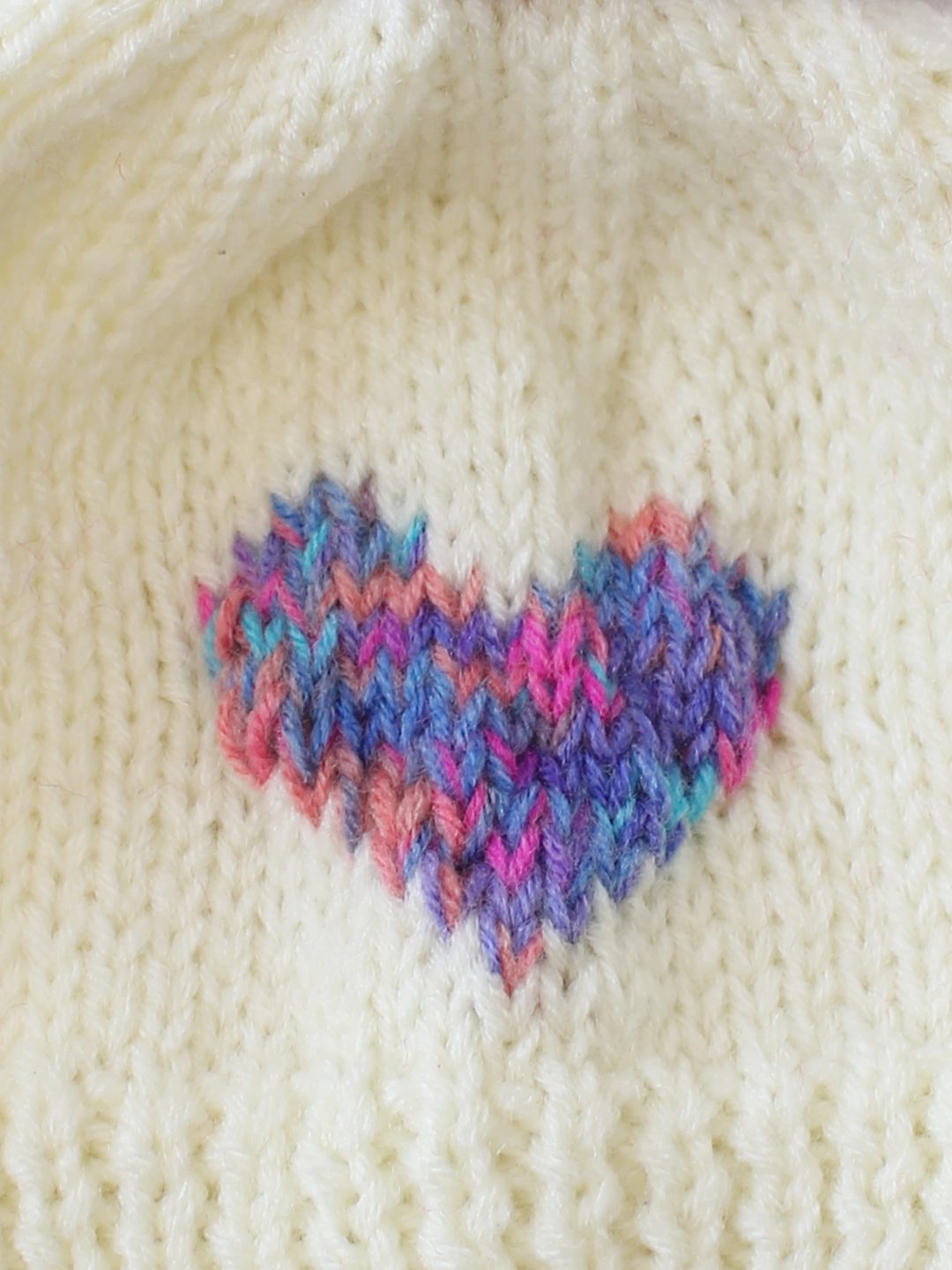 Woonie Handknitted Heart with Pom Pom Designed Cap - Cream