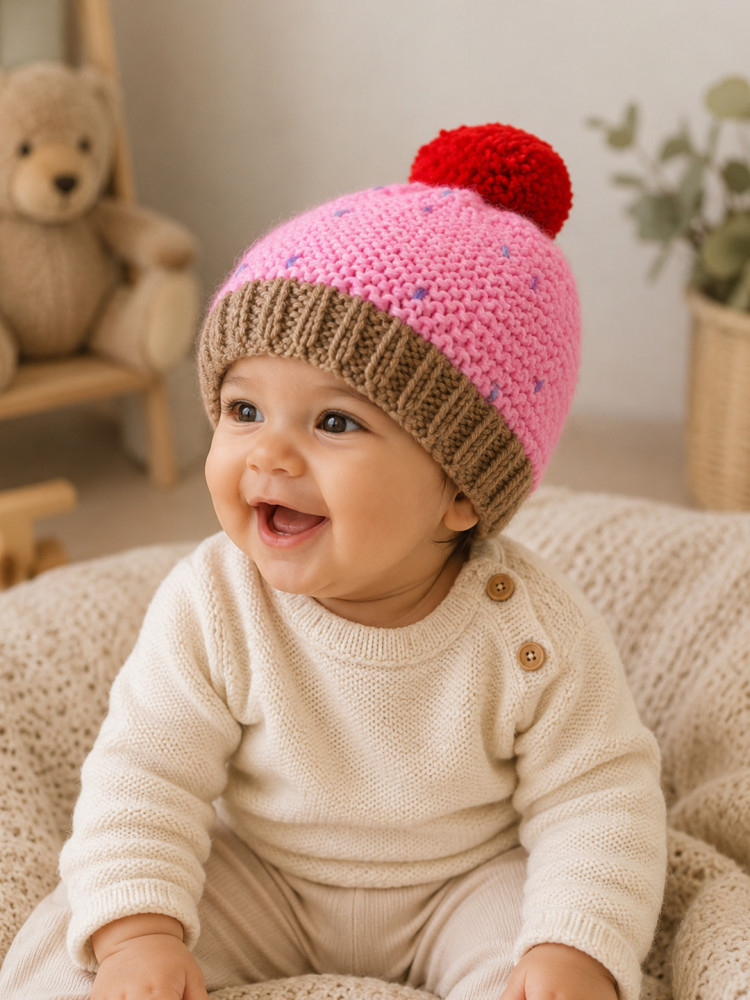 Image of Woonie Handknitted Cupcake with Pom Pom Detailed Cap - Pink