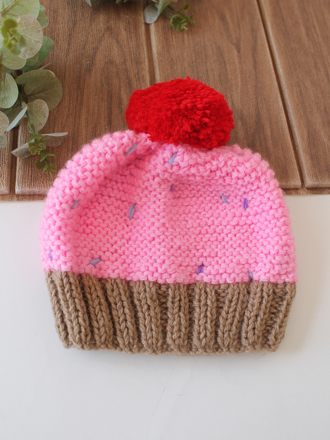 Woonie Handknitted Cupcake with Pom Pom Detailed Cap - Pink