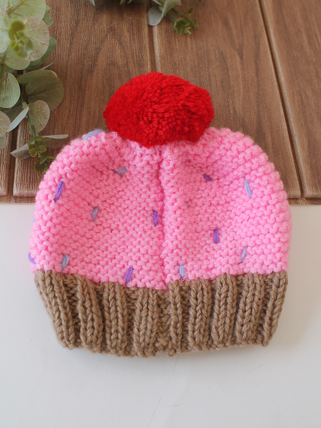 Woonie Handknitted Cupcake with Pom Pom Detailed Cap - Pink