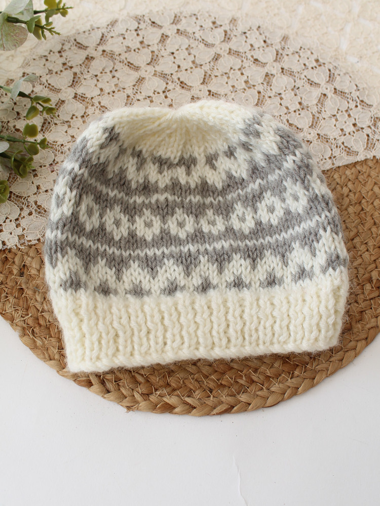 Image of Woonie Handknitted Fair Isle with Pom Pom Design Cap - Cream