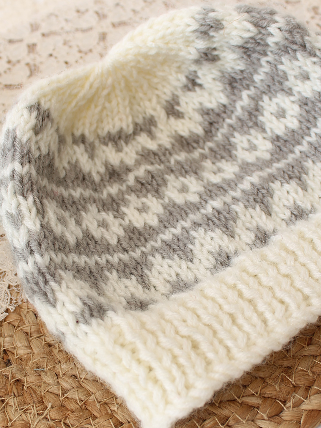 Woonie Handknitted Fair Isle with Pom Pom Design Cap - Cream