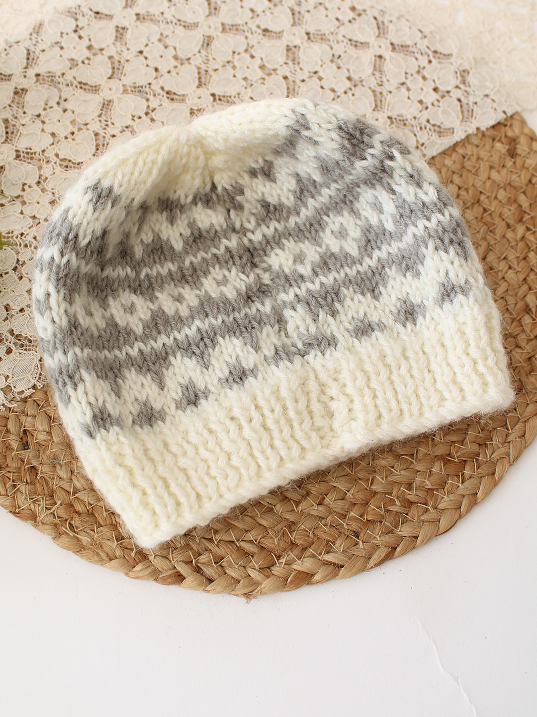 Woonie Handknitted Fair Isle with Pom Pom Design Cap - Cream