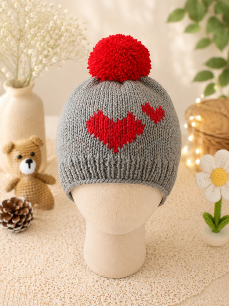 Image of Woonie Handknitted Heart with Pom Pom Designed Cap - Dark Grey