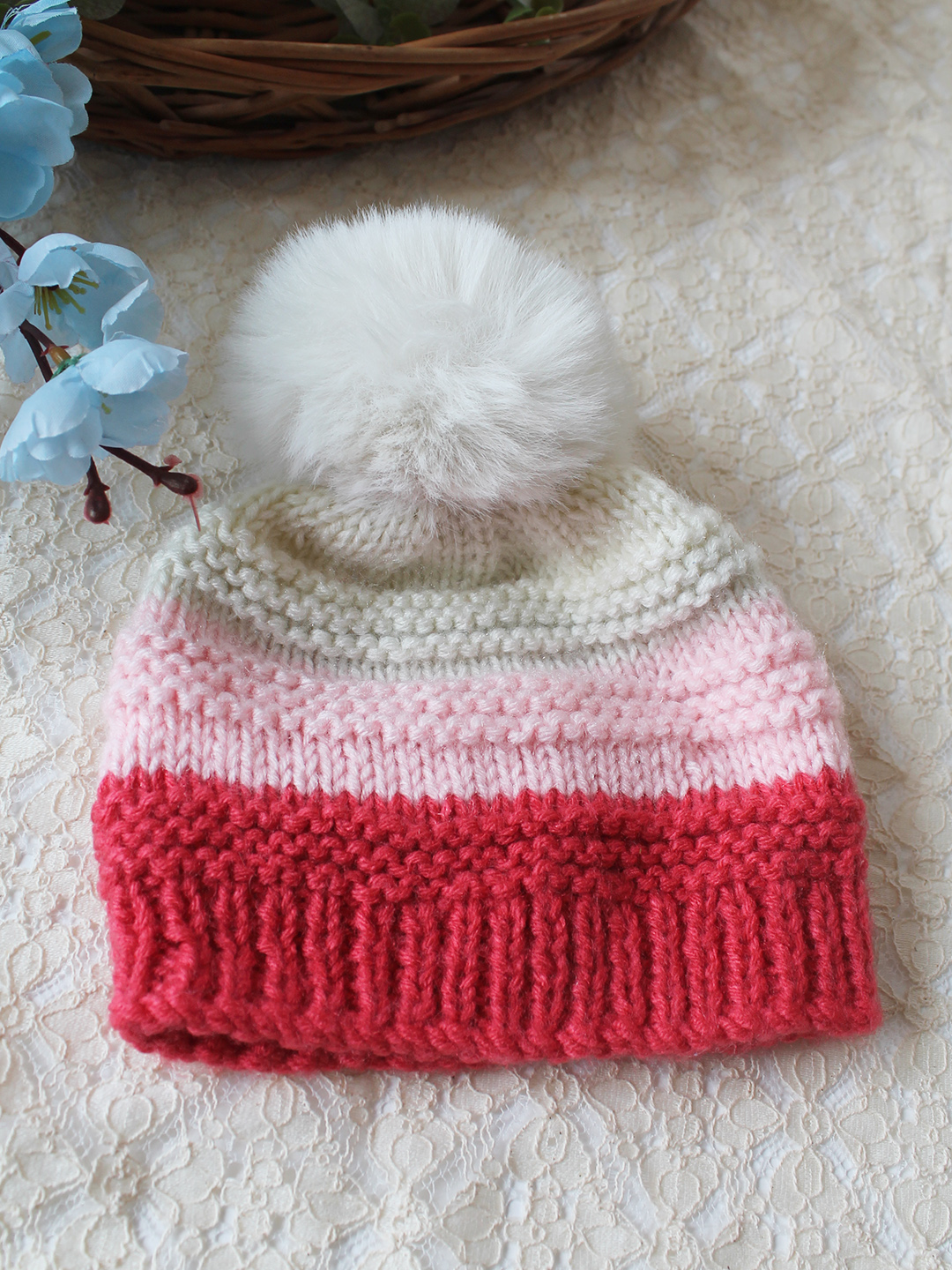Woonie Handknitted Self Design with Pom Pom Cap - Multicolor