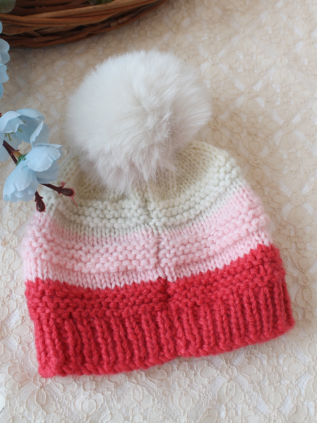 Woonie Handknitted Self Design with Pom Pom Cap - Multicolor
