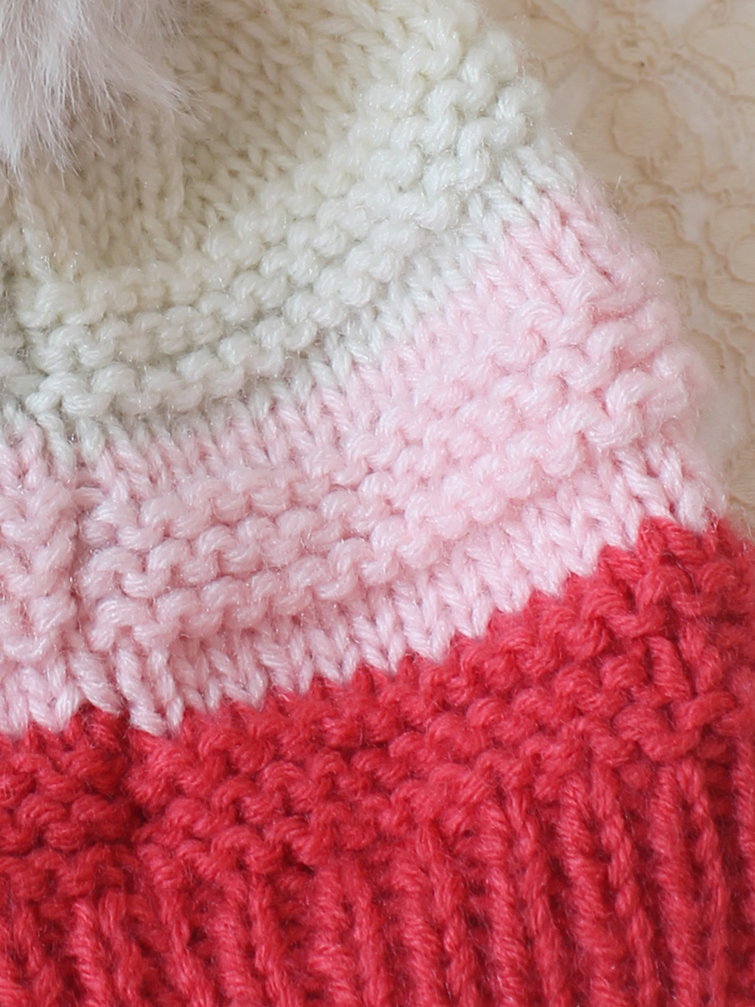 Woonie Handknitted Self Design with Pom Pom Cap - Multicolor