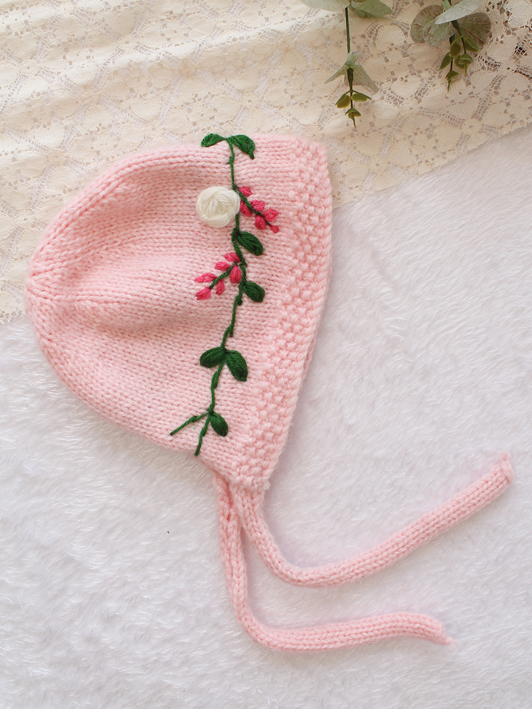 Woonie Handknitted Floral Embroidered Designed Cap - Pink