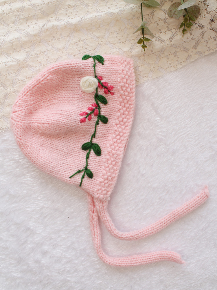 Image of Woonie Handknitted Floral Embroidered Designed Cap - Pink
