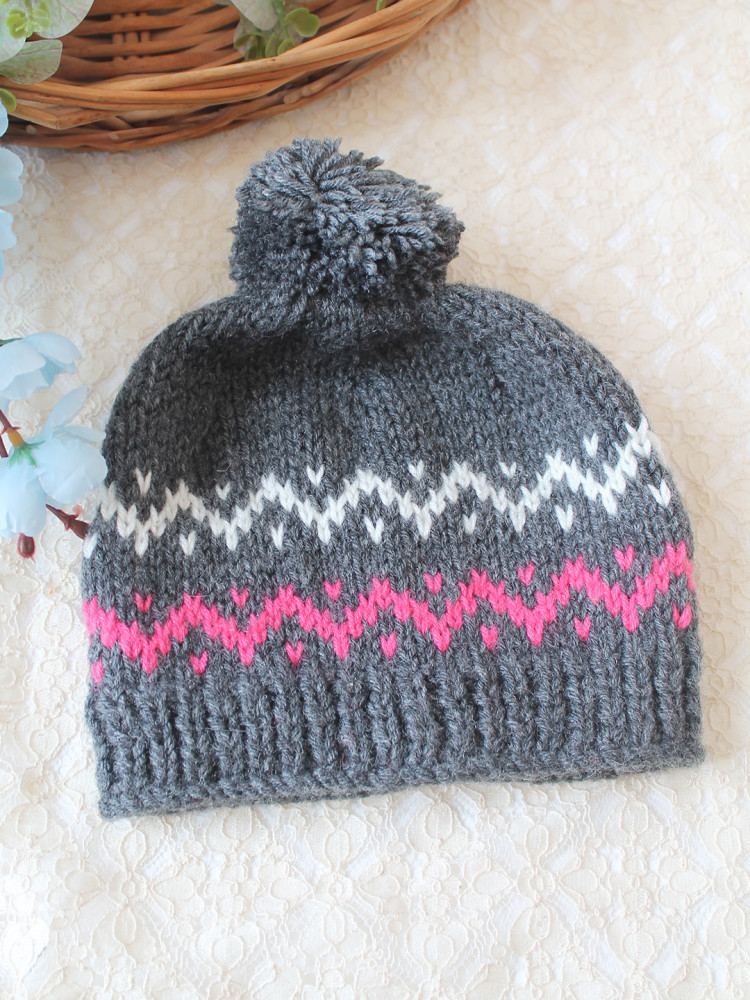 Image of Woonie Handknitted Self Design Pom Pom Designed Cap - Dark Grey