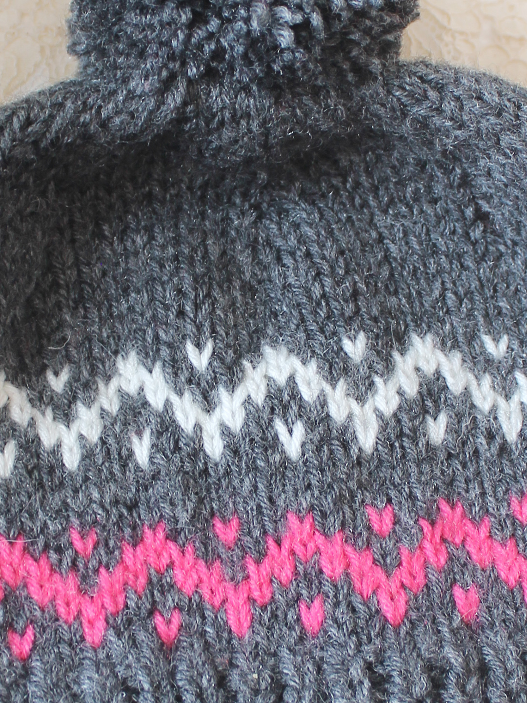 Woonie Handknitted Self Design Pom Pom Designed Cap - Dark Grey
