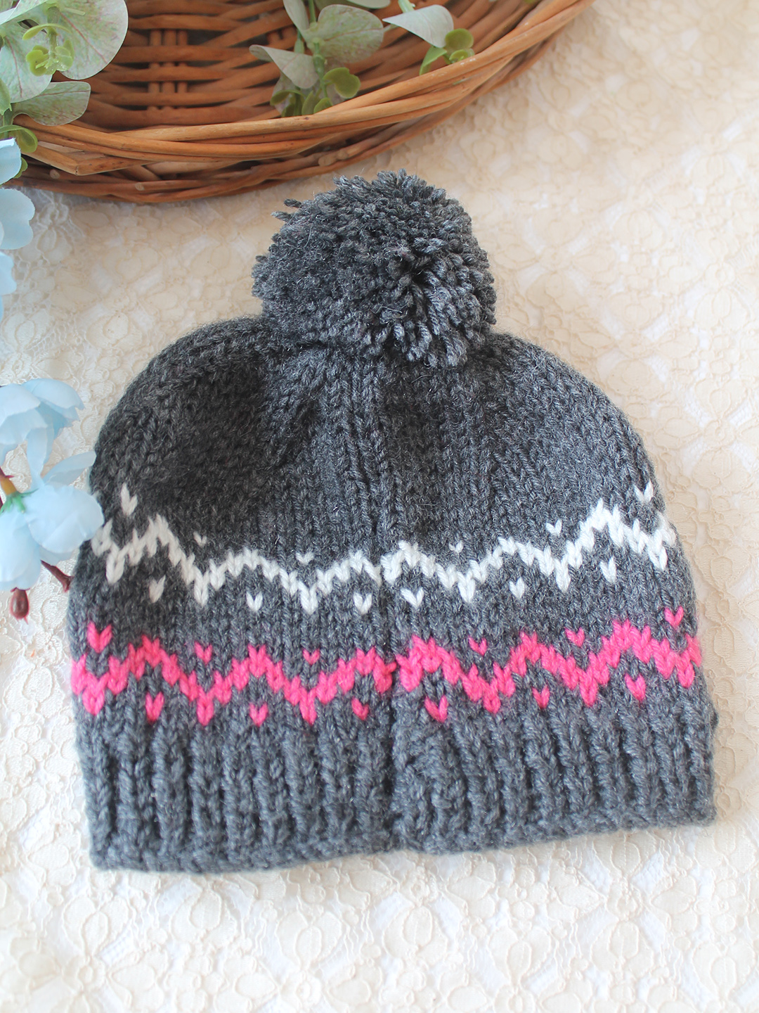 Woonie Handknitted Self Design Pom Pom Designed Cap - Dark Grey