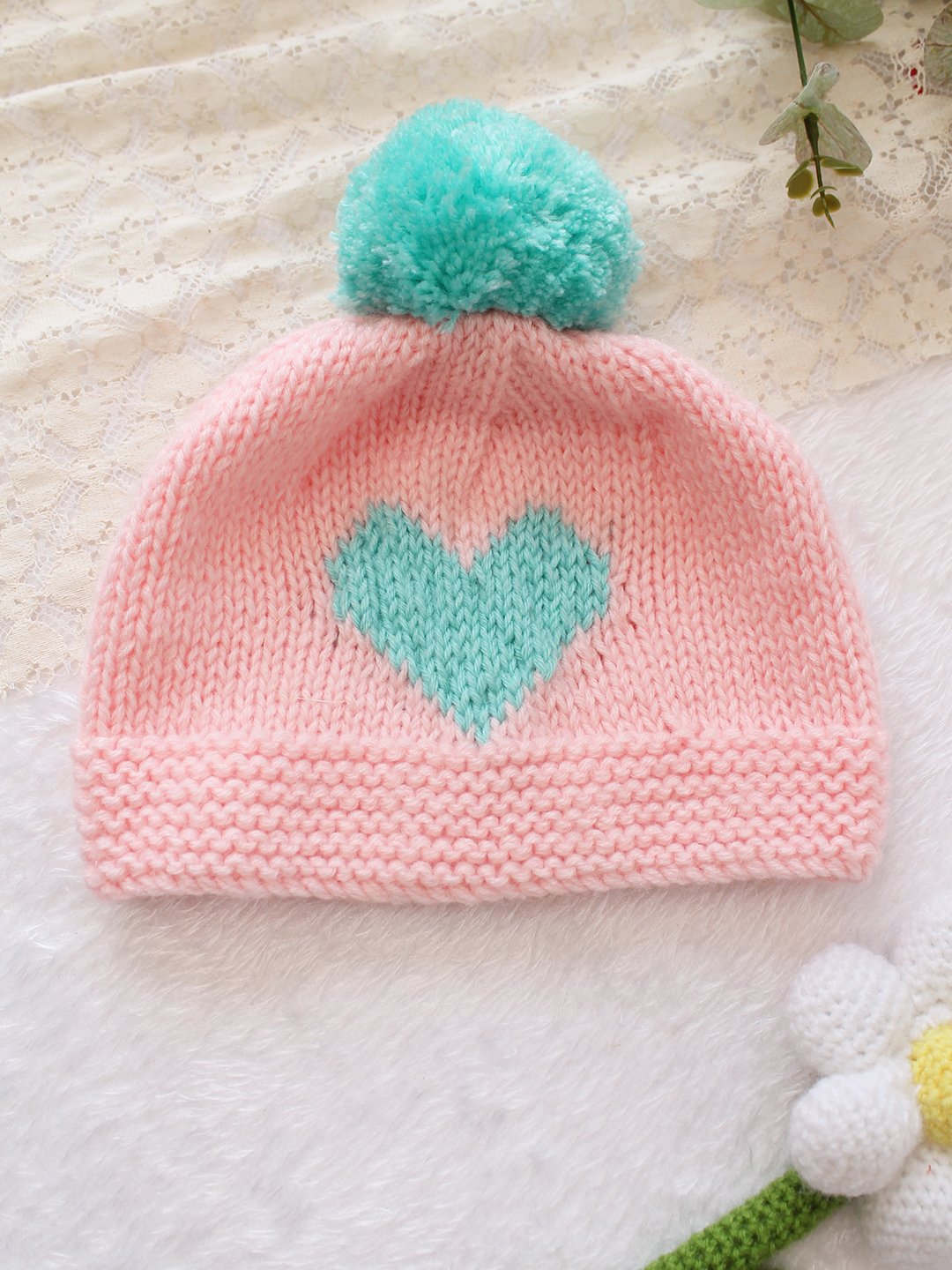 Woonie Handknitted Heart with Pom Pom Designed Cap - Pink