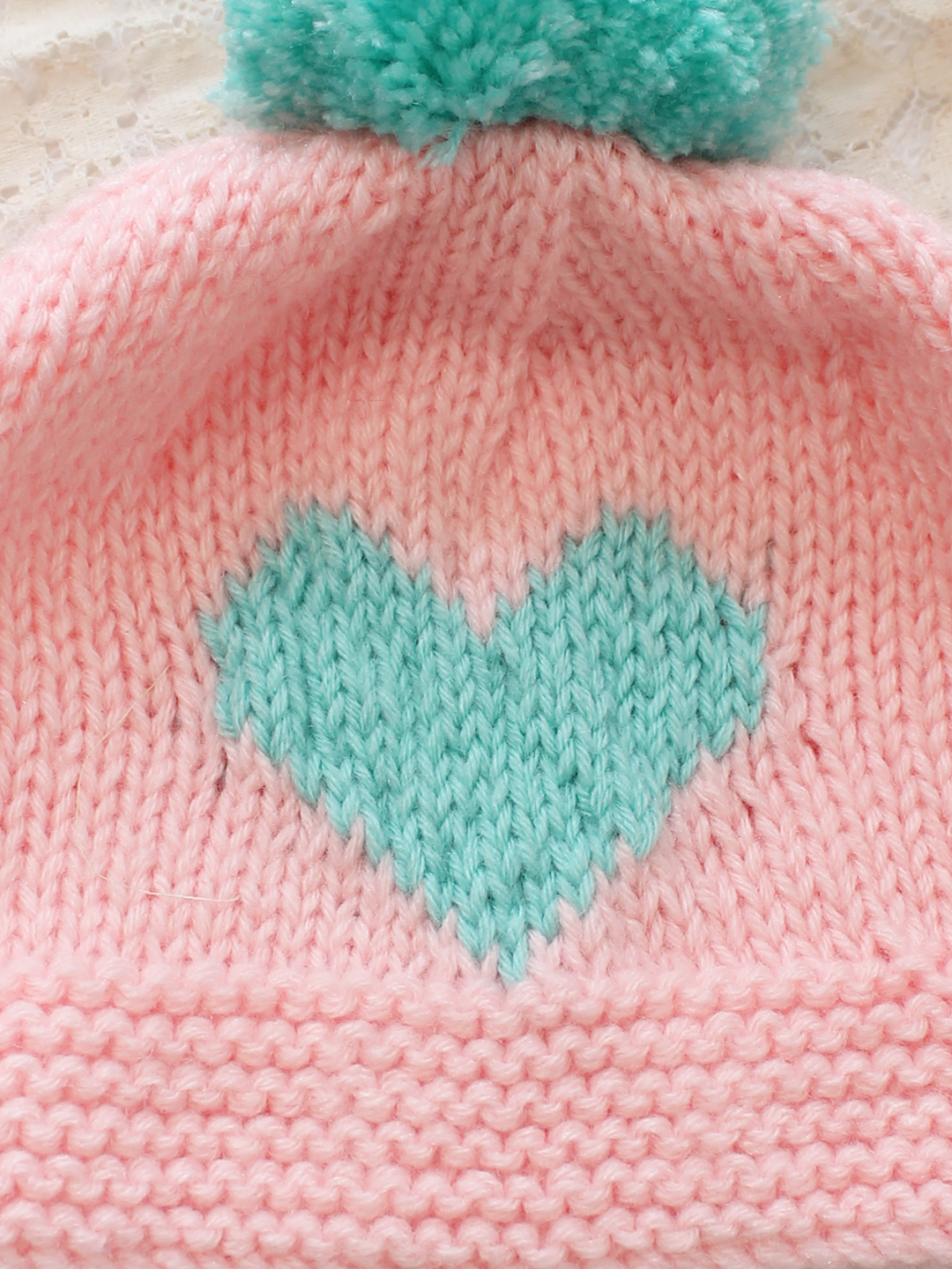 Woonie Handknitted Heart with Pom Pom Designed Cap - Pink