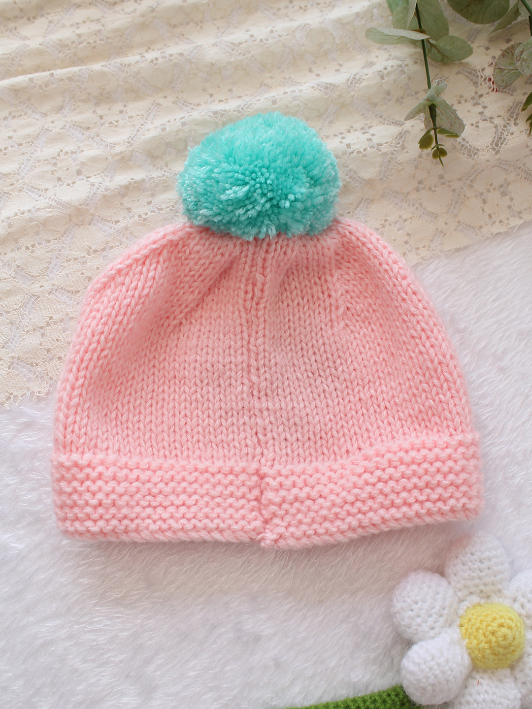Woonie Handknitted Heart with Pom Pom Designed Cap - Pink