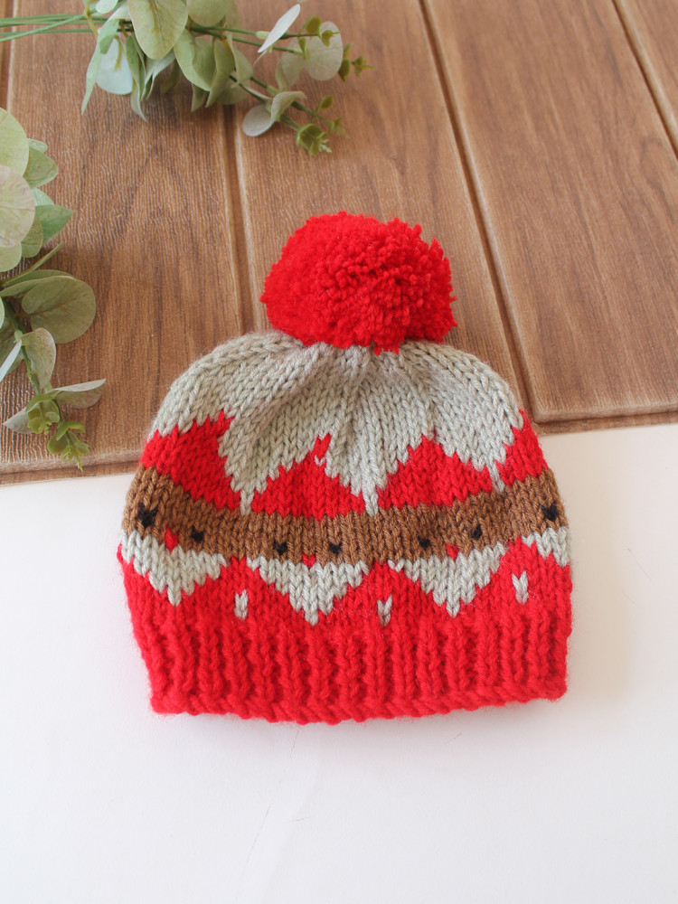 Image of Woonie Handknitted Fair Isle with Pom Pom Design Cap - Red