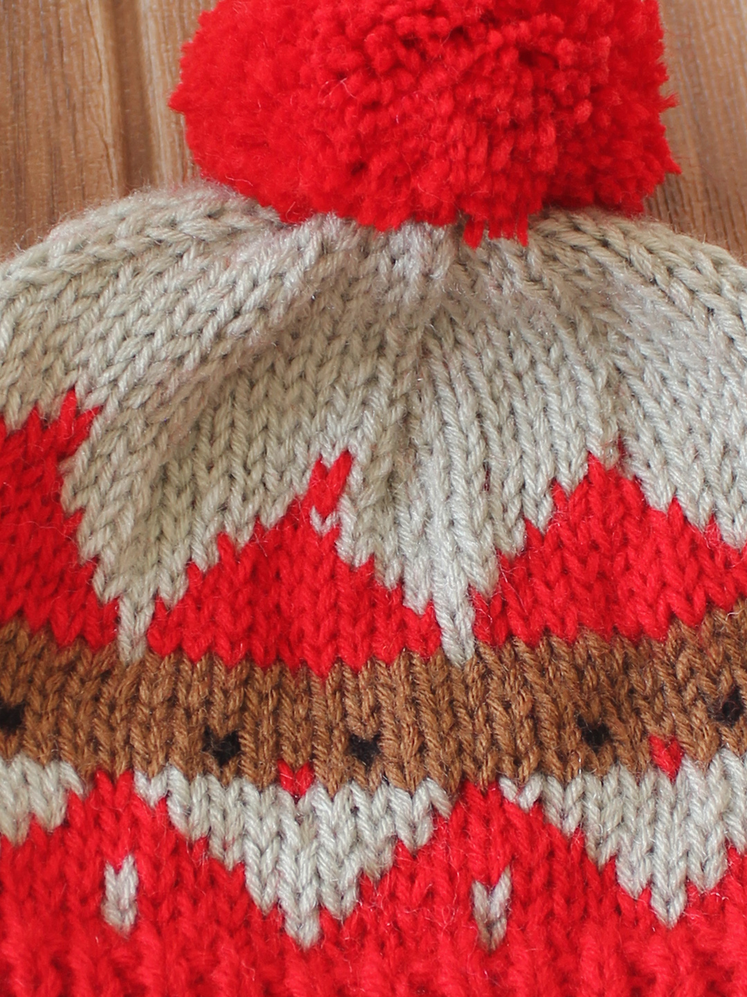Woonie Handknitted Fair Isle with Pom Pom Design Cap - Red