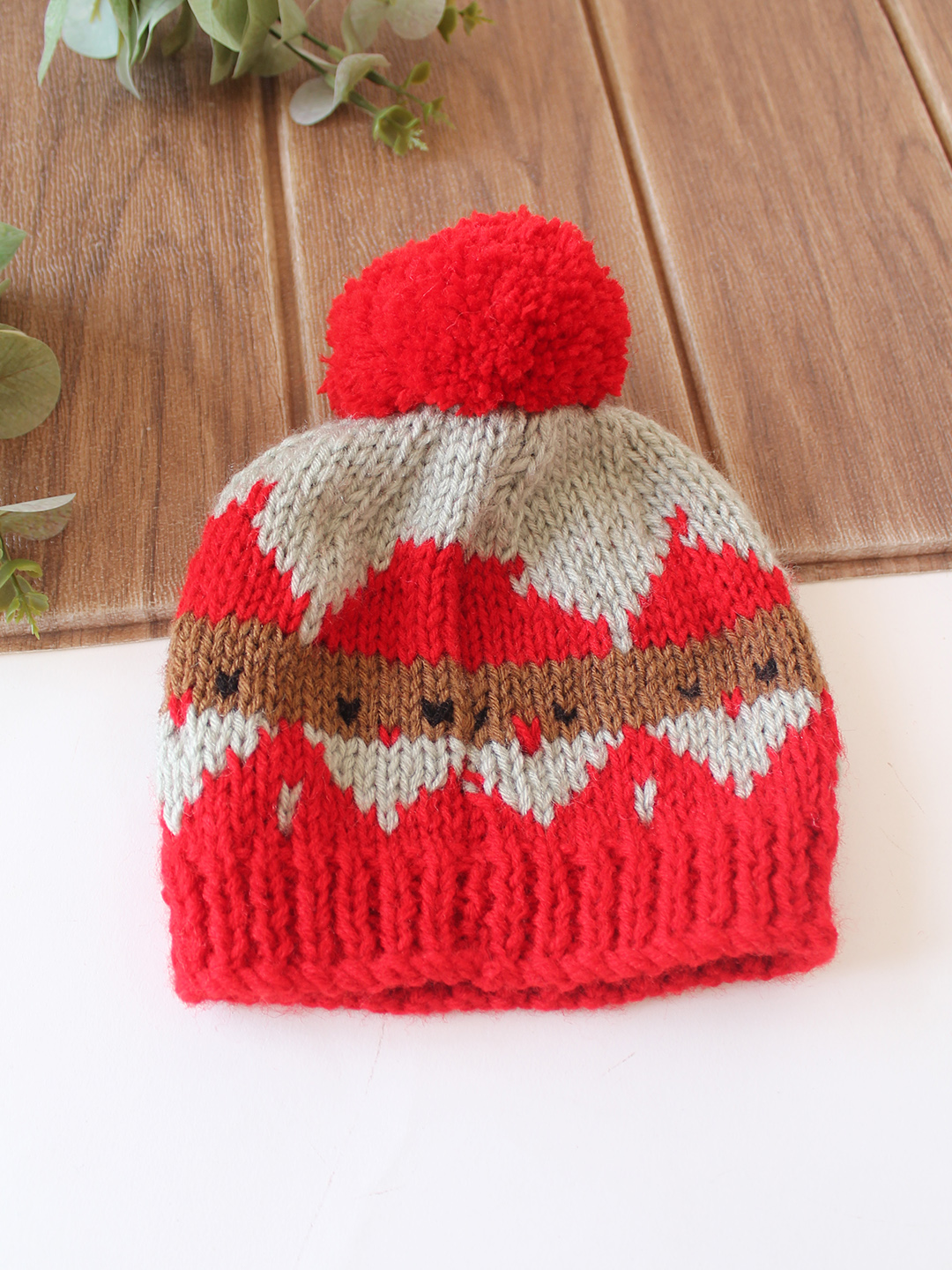 Woonie Handknitted Fair Isle with Pom Pom Design Cap - Red