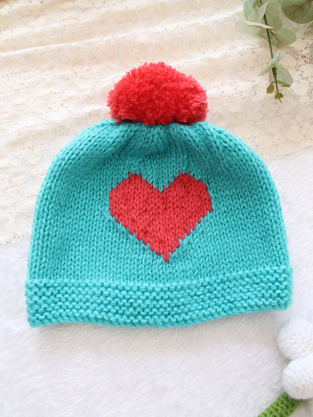 Woonie Handknitted Heart with Pom Pom Designed Cap - Sea Green