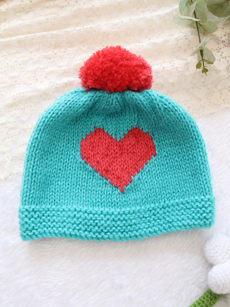 Image of Woonie Handknitted Heart with Pom Pom Designed Cap - Sea Green