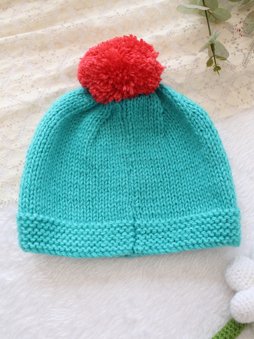 Woonie Handknitted Heart with Pom Pom Designed Cap - Sea Green