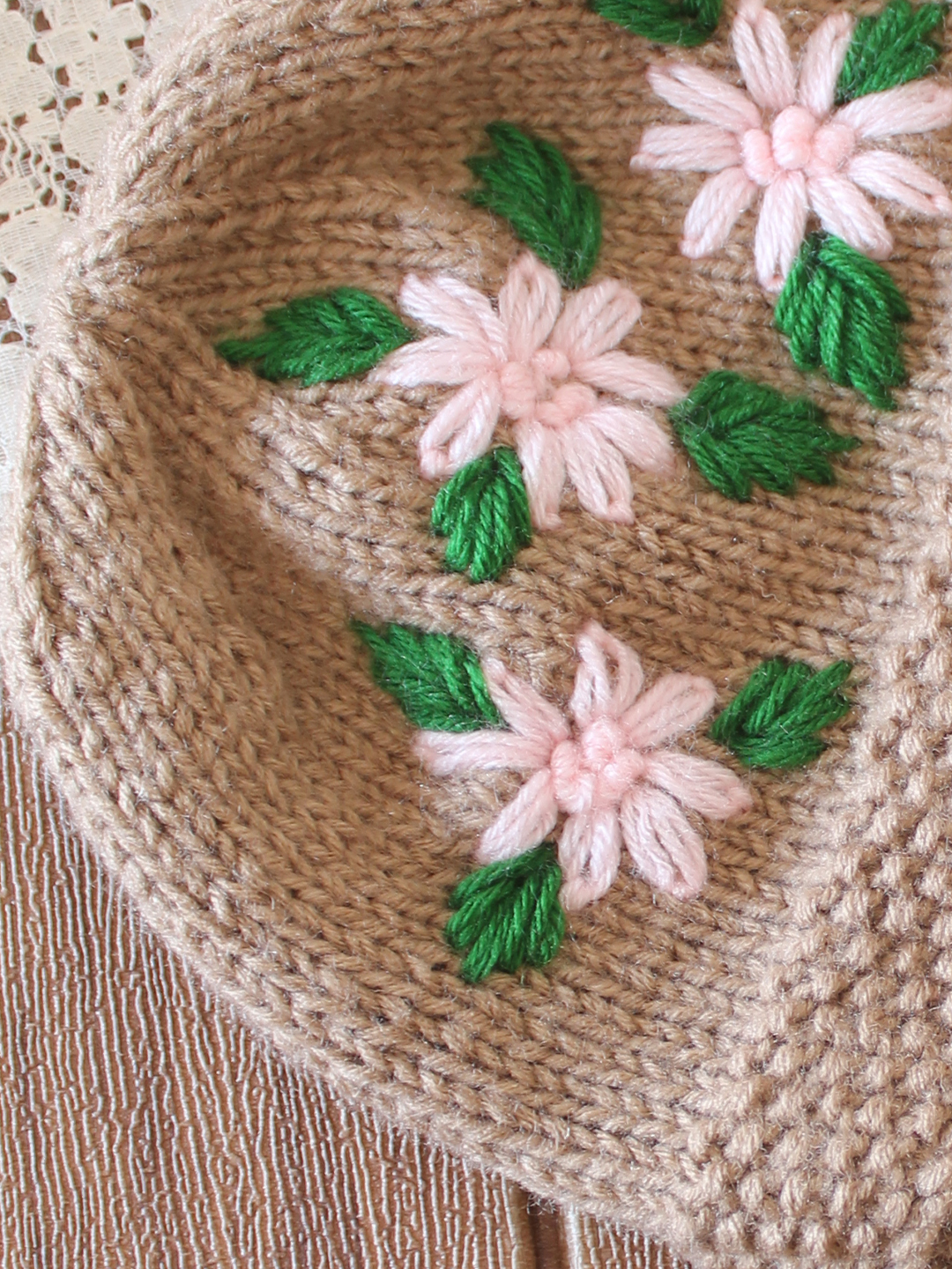 Woonie Handknitted Floral Embroidered Designed Cap - Beige