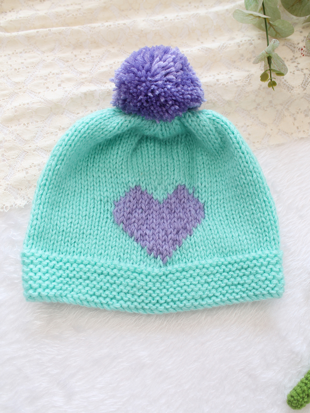 Woonie Handknitted Heart with Pom Pom Designed Cap - Green