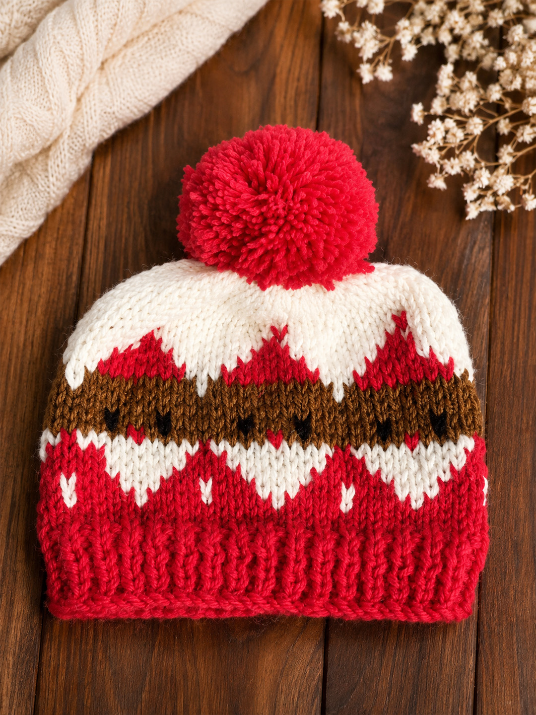 Woonie Handknitted Fair Isle with Pom Pom Design Cap - Red