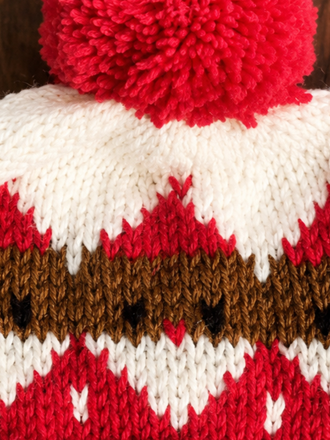 Woonie Handknitted Fair Isle with Pom Pom Design Cap - Red