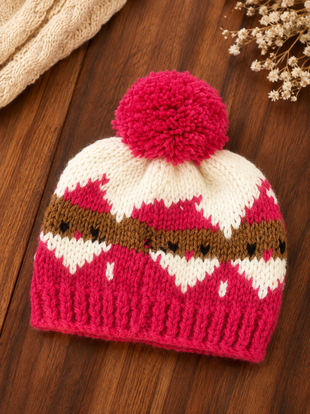 Woonie Handknitted Fair Isle with Pom Pom Design Cap - Red