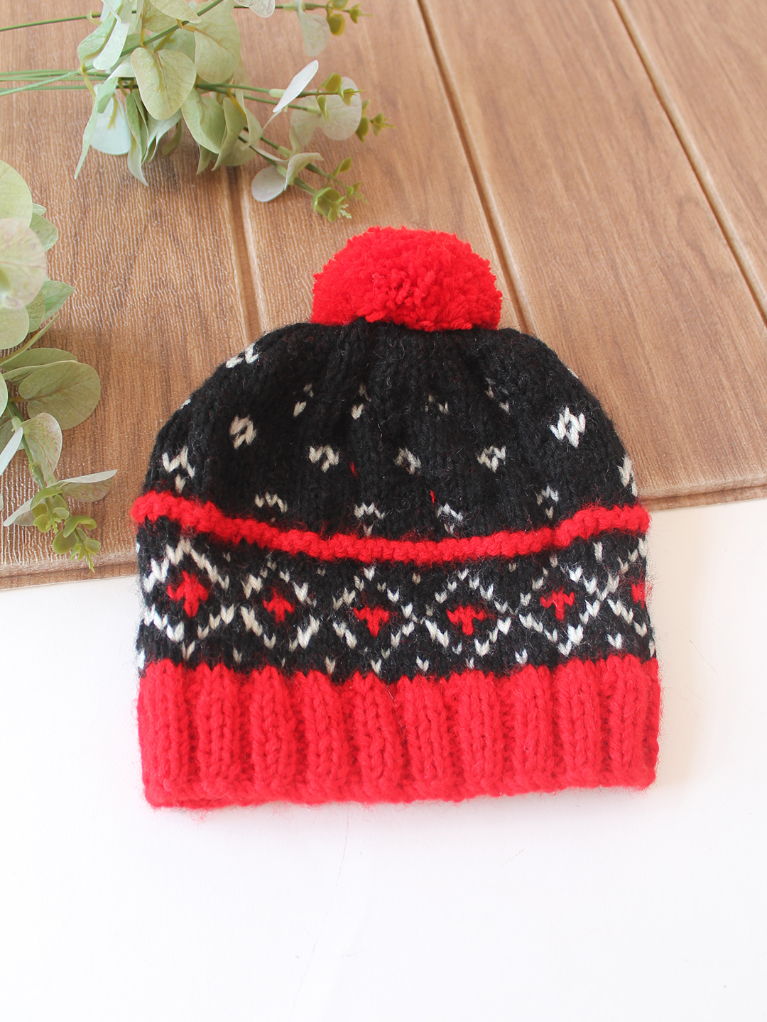 Woonie Handknitted Fair Isle with Pom Pom Design Cap - Black