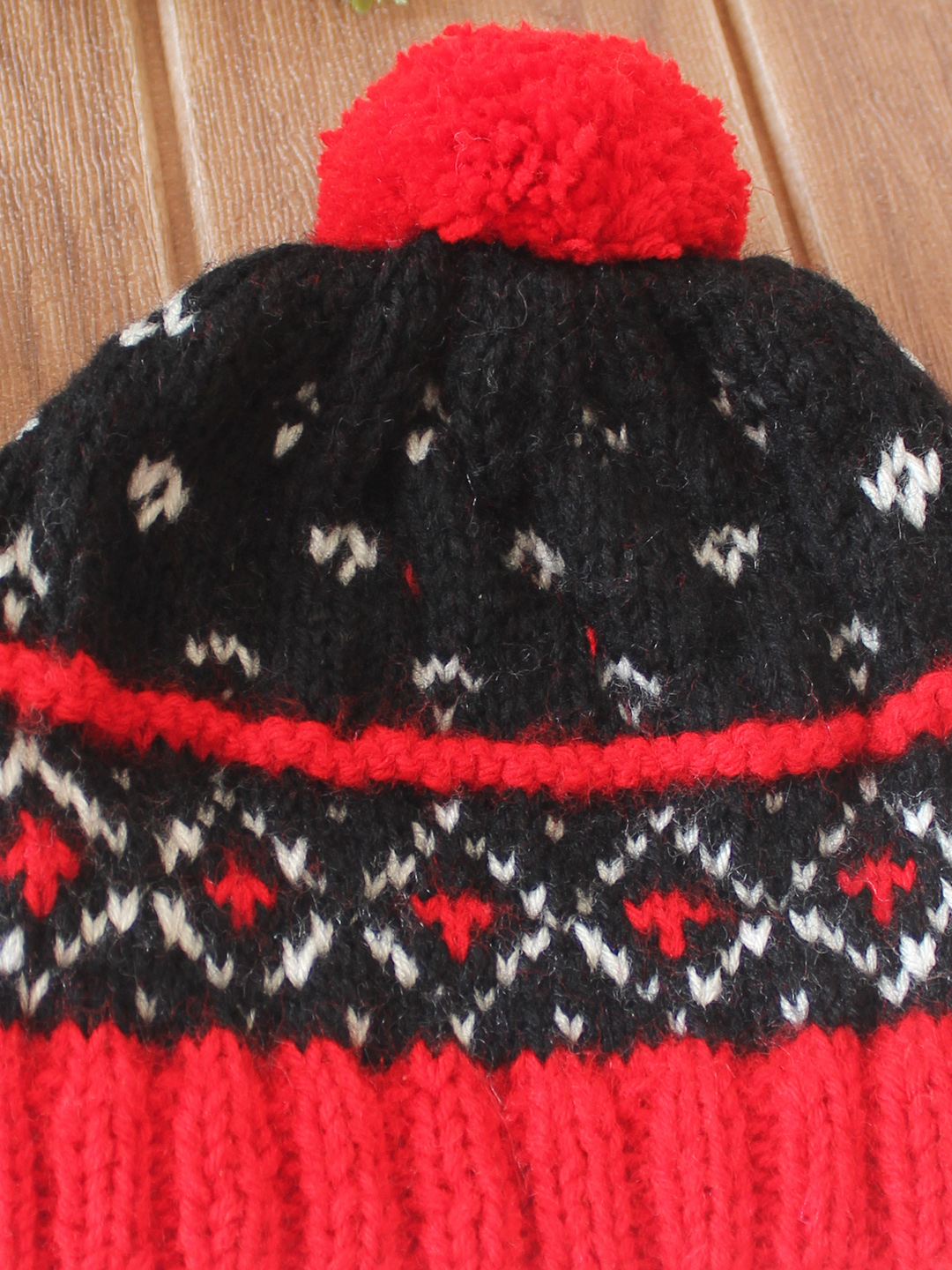 Woonie Handknitted Fair Isle with Pom Pom Design Cap - Black