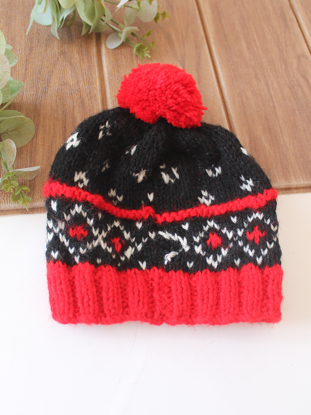 Woonie Handknitted Fair Isle with Pom Pom Design Cap - Black