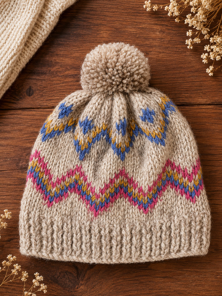 Image of Woonie Handknitted Fair Isle with Pom Pom Design Cap - Beige