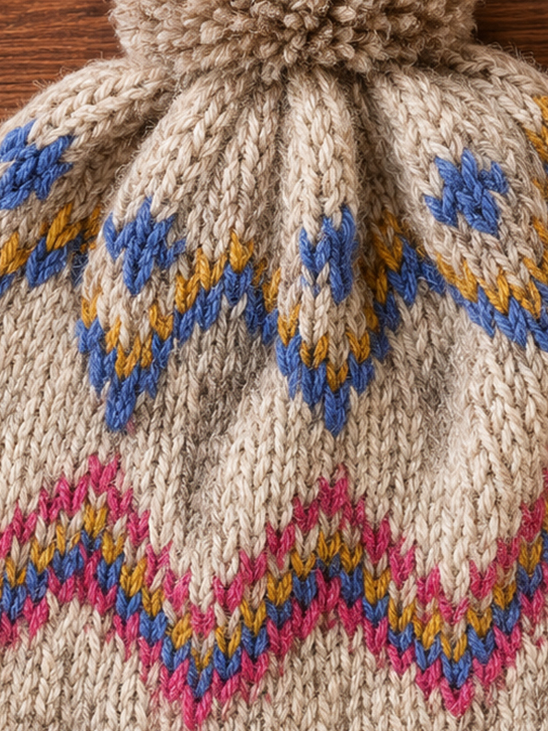 Woonie Handknitted Fair Isle with Pom Pom Design Cap - Beige
