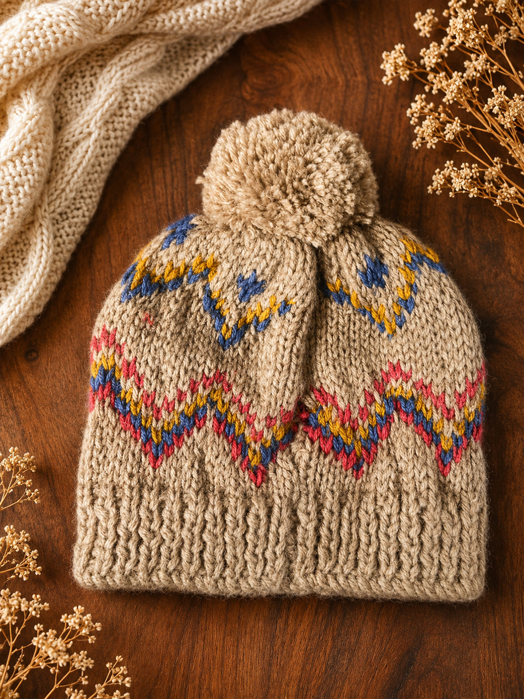 Woonie Handknitted Fair Isle with Pom Pom Design Cap - Beige