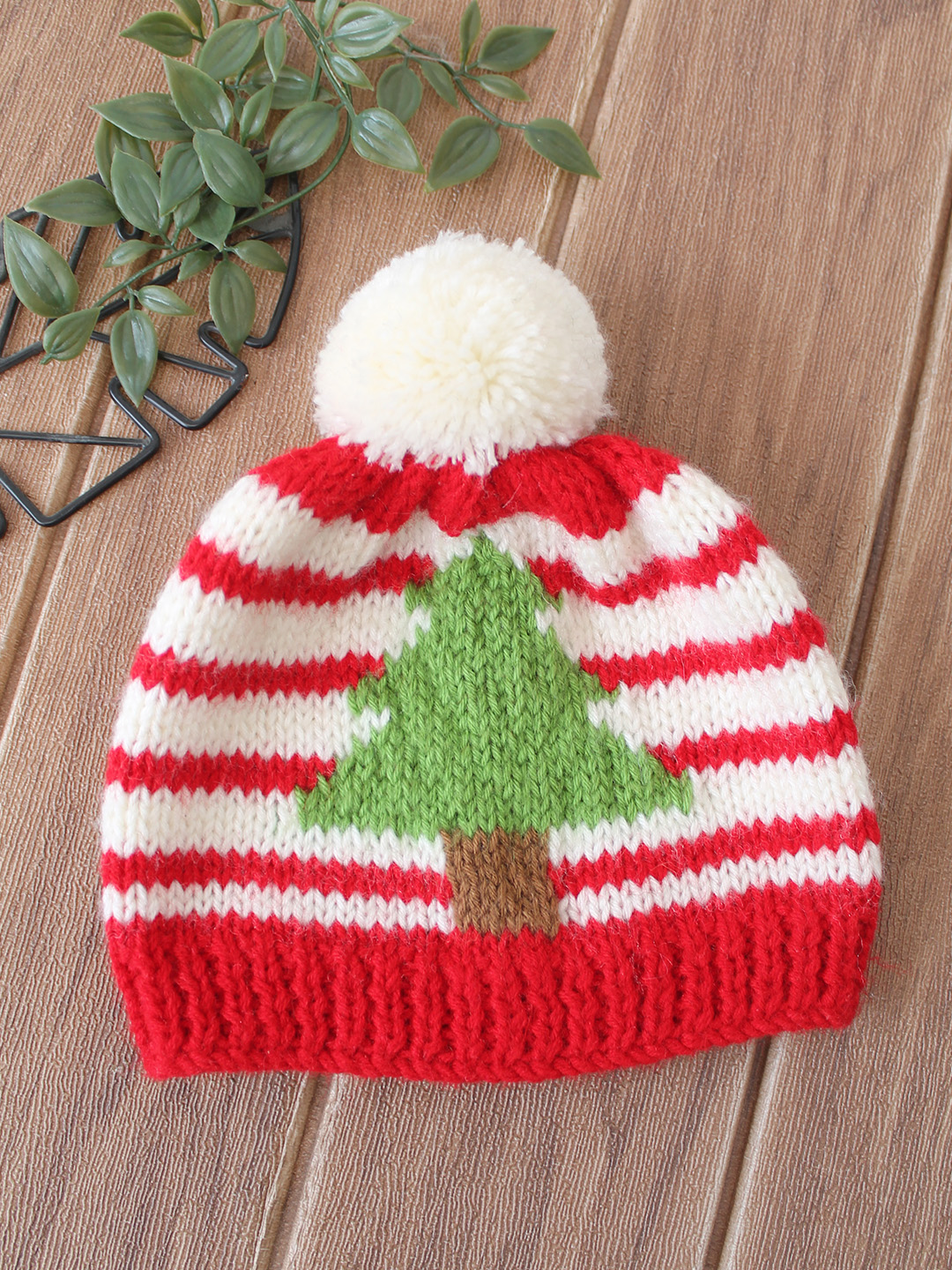 Woonie Handknitted Striped & Tree Designed with Pom Pom Cap - Red