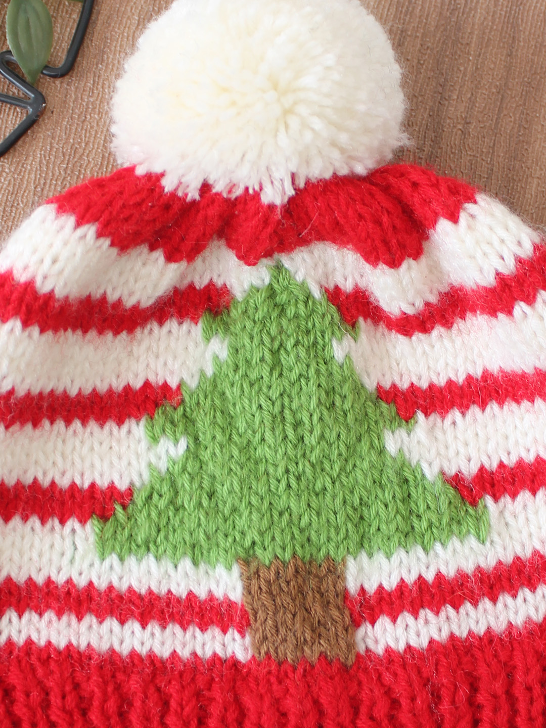 Woonie Handknitted Striped & Tree Designed with Pom Pom Cap - Red