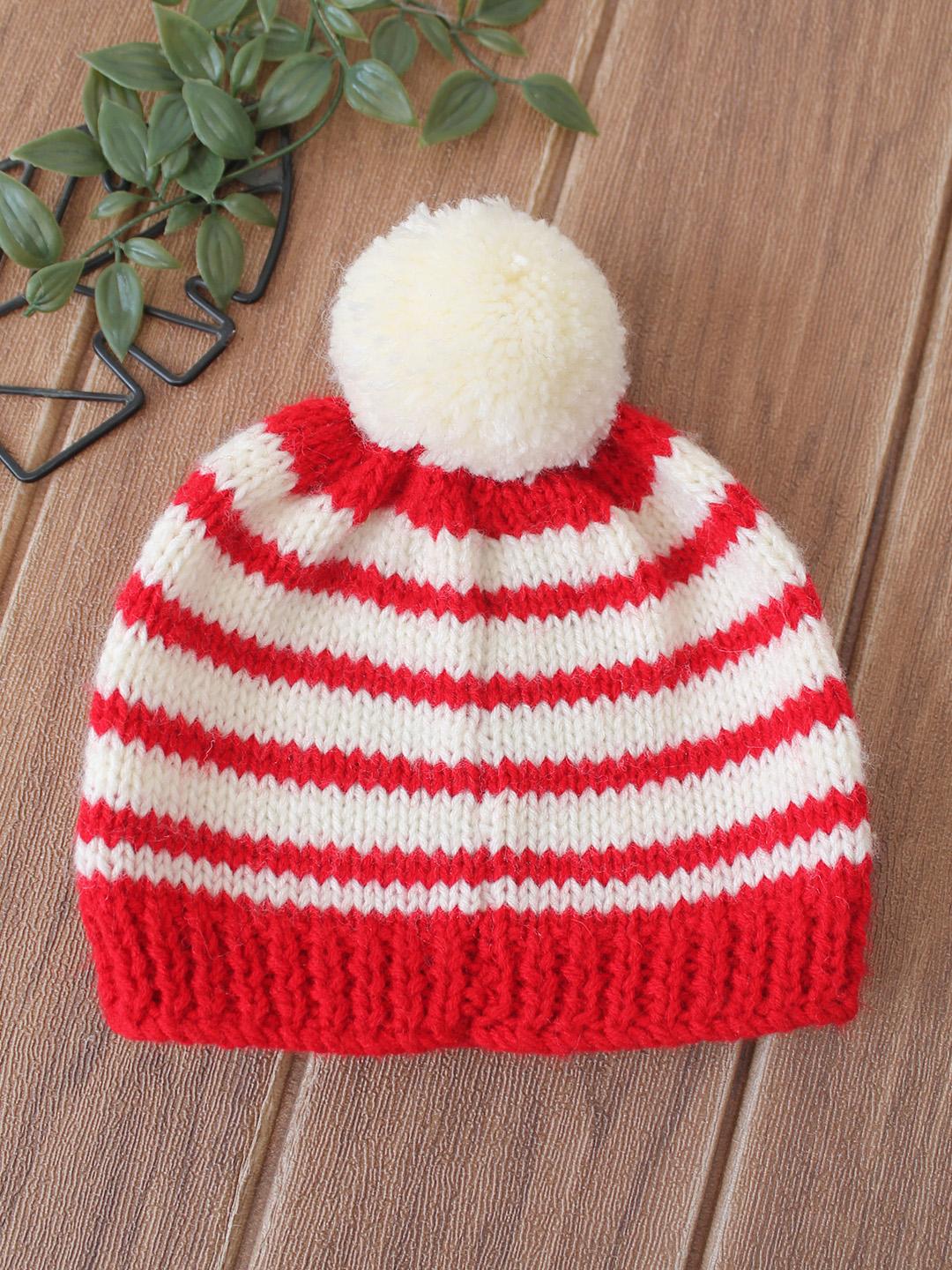 Woonie Handknitted Striped & Tree Designed with Pom Pom Cap - Red