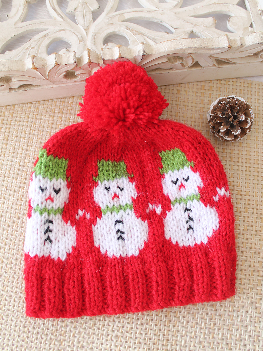 Woonie Handknitted Snowman Designed Cap - Red