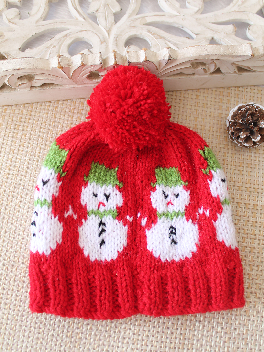 Woonie Handknitted Snowman Designed Cap - Red